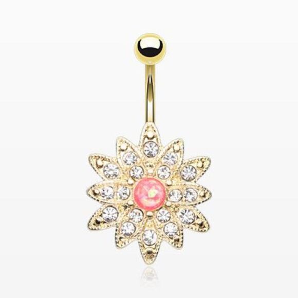Gold plated stainless steel pink flower belly ring - Picture 3 of 4